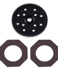 Close-up of Durable Steel Spur Gear Set 66T 72T 81T 84T 48P Hardened Rust Resistant Main Gear Upgrade with two gear spacers for RC Cars.