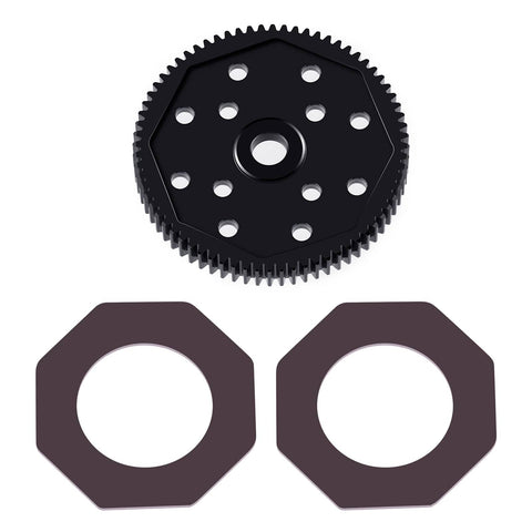 Close-up of Durable Steel Spur Gear Set 66T 72T 81T 84T 48P Hardened Rust Resistant Main Gear Upgrade with two gear spacers for RC Cars.