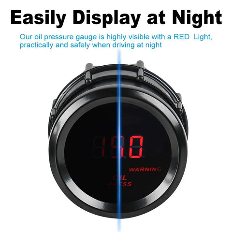 WATERWICH 52mm oil pressure gauge, front view, red LED readout, 0–150 PSI, DC12V.