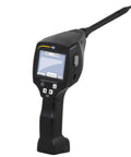 Slick Ultrasonic Leak Detector With Laser Pointer For Dead Nuts Accurate Scans On Compressed Air Gas Steam And Vacuum Lines 40 KHz Frequency Handheld Acoustic Sensor Tool For Heavy Duty Commercial Jobs shown at an angle with color display.