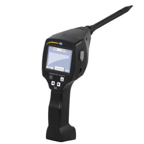 Slick Ultrasonic Leak Detector With Laser Pointer For Dead Nuts Accurate Scans On Compressed Air Gas Steam And Vacuum Lines 40 KHz Frequency Handheld Acoustic Sensor Tool For Heavy Duty Commercial Jobs shown at an angle with color display.