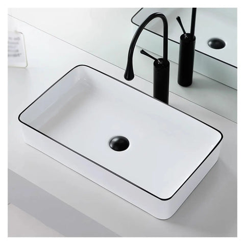 USZWBY Vessel Sinks Small Apartment Bathroom Balcony Ceramic Wash Basin Above The Nordic Simple Black Edge Household Bathroom Bowl Sink with black edge.