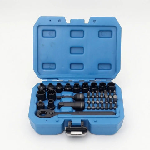Knockout 37 Piece 1/4 Inch Drive Pass Through Ratchet Socket Set With Bidirectional Go Through Torque And Rugged Molded Carry Case open display