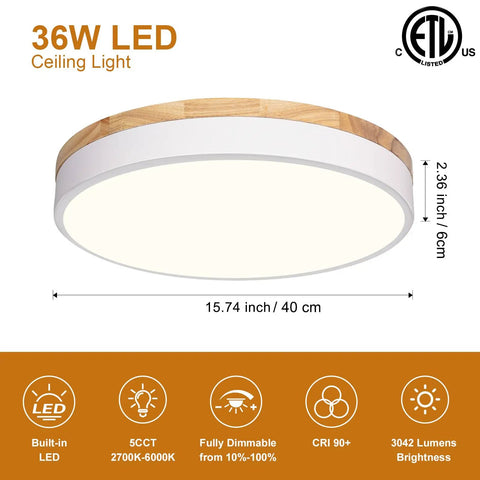 Wooden Flush Mount Ceiling Light With Dimmable LED 5CCT 2700K 6000K Round 16 Inch Ceiling Fixture For Kitchen Living Room Dining Room And Bedroom Modern Farmhouse Style Easy Install And Brilliance Control Lit