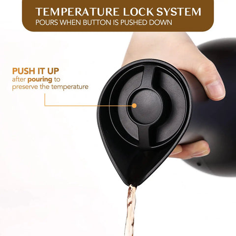 Hand pouring from Double Walled Vacuum Glass Carafe Keeps Tea, Coffee, And Water Hot Or Cold For 24 Hours, non slip base visible