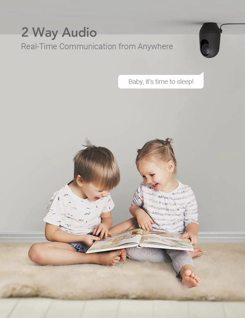 Children reading under 2K Baby Monitor With AI Motion Tracking Two Way Audio WiFi Indoor Camera for Busy Moms and Dads.