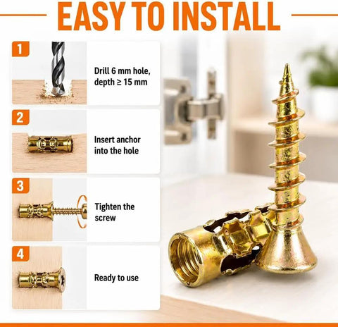 Step-by-step installation for Heavy Duty 6X14MM Expansion Screw Kit For Cabinet Hinge Repair And Stripped Thread Rescue.