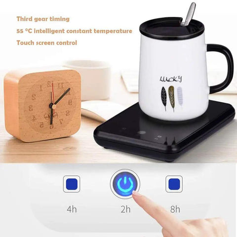 Keep That Coffee Strong Desk Cup Warmer With Steady 55 Degree Thermostat, black tray with white mug and spoon.