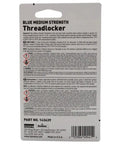 Back view of packaging for Blue Medium Strength Threadlocker 6ml Tube For Bolts And Fasteners Prevents Loosening From Vibration And Locks Tight Rust And Corrosion Protection For Cup Plugs Starter Mounts Oil Pan Valve Cover Bolts.