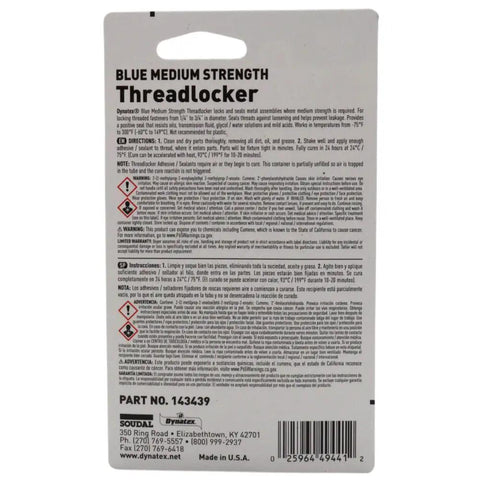 Back view of packaging for Blue Medium Strength Threadlocker 6ml Tube For Bolts And Fasteners Prevents Loosening From Vibration And Locks Tight Rust And Corrosion Protection For Cup Plugs Starter Mounts Oil Pan Valve Cover Bolts.