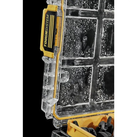 Close-up of ToughSystem Tool Organizer 2.0 Full-Size showing water-resistant lid and yellow latch.