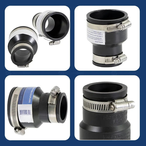 Flexible PVC Reducing Coupling With Stainless Steel Clamps For Two Inch To One And A Quarter Inch DWV Pro Grade Piping Connector Fits Cast Iron Plastic Copper Lead Steel Non Pressure Drain Waste Vent, black