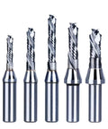Heavy Duty Solid Carbide Compression Router Bit With Stacked Helix Flutes And Hella Sharp Chip Breaker For Splinter Free Milling On Plywood Laminate And Dense Hardwood Boards - five varied sizes.