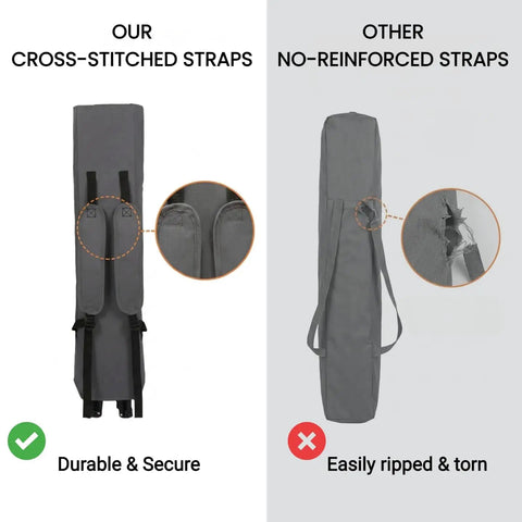 Comparison of cross-stitched and no-reinforced straps showing durability of Oversized Camping Chair With Adjustable Canopy 380 Lbs Capacity Heavy Duty Portable Folding Beach Chair With Shade For Outdoors Fishing And Sports Big And Tall Friendly 22 Inch Wide Seat With Padded Armrests bag.