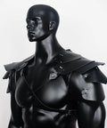 Men's Medieval Harness Armor Set With Adjustable PU Leather Shoulder Pauldrons And Chest Harness for cosplay displayed on mannequin.
