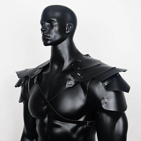 Men's Medieval Harness Armor Set With Adjustable PU Leather Shoulder Pauldrons And Chest Harness for cosplay displayed on mannequin.