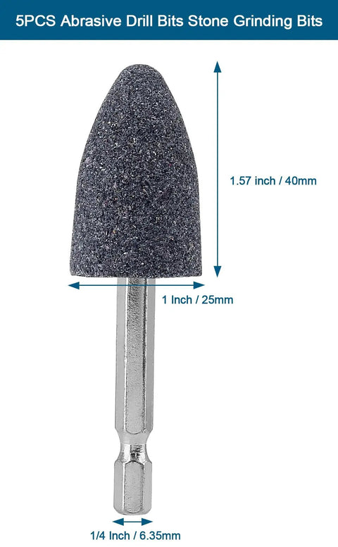 Five Piece Stone Grinding Bits Set For Rotary Tools With One Quarter Inch Hex Shank Cone Shaped Grinding Wheels Ideal For Polishing Deburring Carving And Engraving In Tight Spaces. Single cone-shaped bit with dimensions shown.