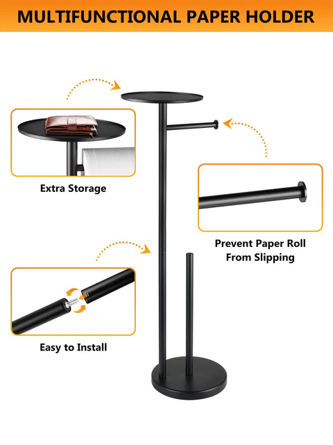 Free Standing Black Toilet Paper Holder Stand With Phone Shelf And Built In Storage, multifunctional holder features
