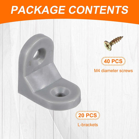 Built Solid 20 Pack Plastic L Brackets Gray Corner Supports For Shelves And Drawers Heavy Duty Right Angle Connectors With Screws, featuring 1 gray L-bracket and screws.