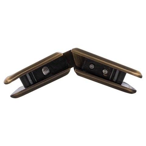 Pinnacle 045 Series Glass To Glass Standard Hinge In Antique Brass Model 135186, 135 degree swing, side view
