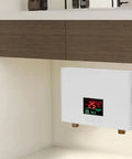 Hassle Free 3000W Electric Tankless Water Heater For Under Sink Mount, digital temp display and mounting under furniture.