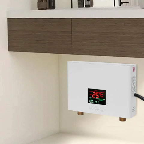 Hassle Free 3000W Electric Tankless Water Heater For Under Sink Mount, digital temp display and mounting under furniture.