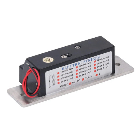 Heavy Duty 12V Electric Strike Lock Built Like A Tank For Ironclad Door Security And Plug And Play Access Control Installation Fits Standard Cylindrical Latch Sets And Entry Doors, showing the durable black housing and connections.