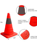 Collapsible 18 Inch Orange Traffic Cones Set Of 5 With Reflective Strips, pop up construction cone with stable base and details shown