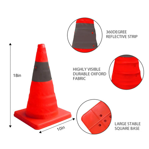 Collapsible 18 Inch Orange Traffic Cones Set Of 5 With Reflective Strips, pop up construction cone with stable base and details shown