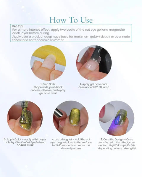 How to use Mystic Galaxy 9D Cat Eye Gel Nail Polish Set with magnetic light play and jelly cat eye effect.