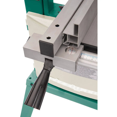 Close-up of 10 Inch Half HP Bandsaw with Extruded Aluminum Fence, showing ergonomic oversized knobs and adjustable components.