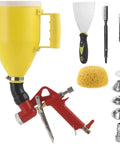 Top Shelf Pneumatic Texture Sprayer Hopper Gun With 0.8 Gallon Hopper Tank and Three Rugged Swappable Nozzles on display.