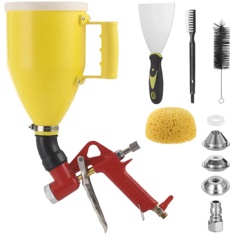 Top Shelf Pneumatic Texture Sprayer Hopper Gun With 0.8 Gallon Hopper Tank and Three Rugged Swappable Nozzles on display.