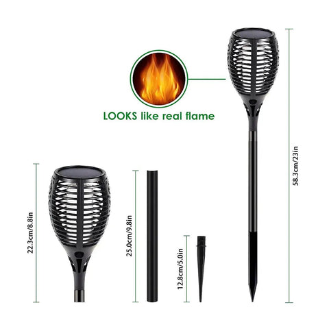 Four Pack Solar Tiki Torch Lights Outdoor With Brighter Bulbs And Quick Charging Larger Solar Panel display with dimensions