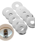 Pro Grade Ten Piece Fire Sprinkler Escutcheon Covers Dual Disc Stainless Steel Wall Mount Shields in a row for quick installation.