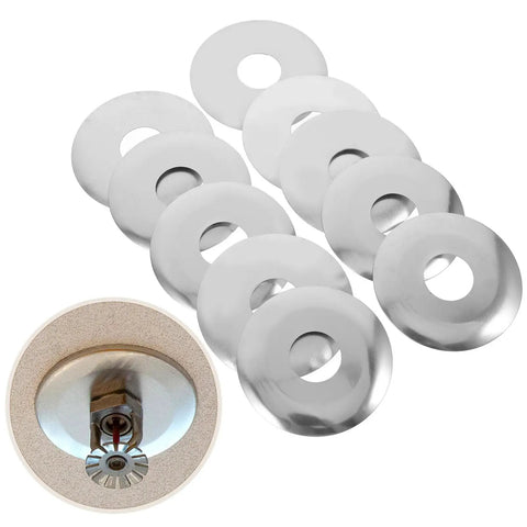 Pro Grade Ten Piece Fire Sprinkler Escutcheon Covers Dual Disc Stainless Steel Wall Mount Shields in a row for quick installation.