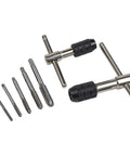 Top Notch 7-Piece Tap And Die Set M3 To M6 With Adjustable T-Handle Ratchet Wrench Kit For Metalworking Pros Who Need Smooth Threading In Tight Spots Without Breaking A Sweat Or Struggling With Chip Clogging. 7-piece steel tap and die set with T-handle ratchet wrench