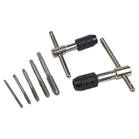 Top Notch 7-Piece Tap And Die Set M3 To M6 With Adjustable T-Handle Ratchet Wrench Kit For Metalworking Pros Who Need Smooth Threading In Tight Spots Without Breaking A Sweat Or Struggling With Chip Clogging. 7-piece steel tap and die set with T-handle ratchet wrench