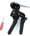 Heavy Duty Stainless Steel Cable Tie Gun For Crimping And Cutting Up To Twelve Millimeter Metal Zip Ties with red screwdriver.