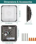 LED Canopy Light 100W Square 10x10 Inches, Gas Station Style With Triple Wattage Options, dimensions and accessories shown