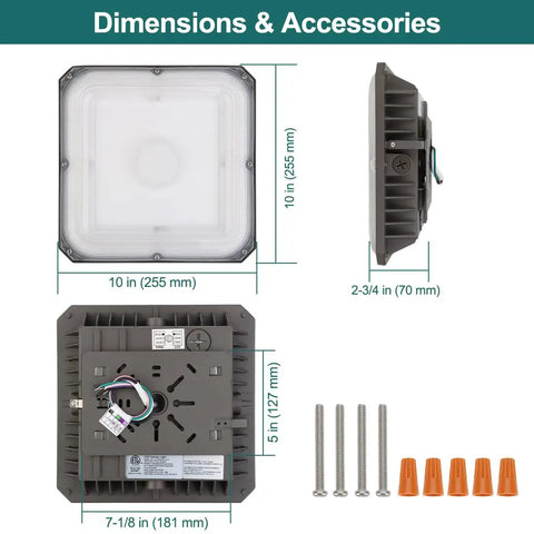 LED Canopy Light 100W Square 10x10 Inches, Gas Station Style With Triple Wattage Options, dimensions and accessories shown