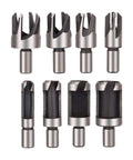 Front view of Rocaris 8-piece woodworking drill bit set: 4 countersink bits with 1/4 in hex shanks and 4 wood plug cutters