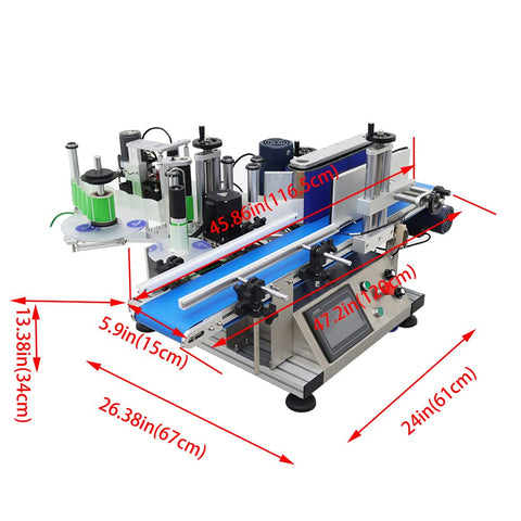 High Capacity Automatic Labeling Machine For Round Bottles employs smart touchscreen controls, dimensions displayed for industrial use.