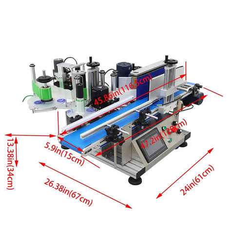 No Sweat High Speed Automatic Round Bottle Labeling Machine Desktop Conveyor Label Applicator For Glass And Plastic Bottles dimensions and setup overview.