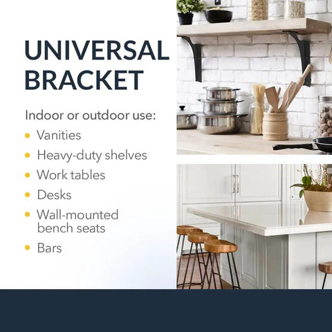 Heavy Duty Universal Shelf Brackets For Floating Vanities And Buffets Rock Solid Steel L Brackets With Sleek Matte Black Look No Fuss Installation For Kitchen Counters And Desk Organization Quick Mount 12 Inch Span displayed above a kitchen workspace.