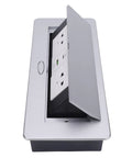 Recessed Pop Up Countertop Outlet With 20W Fast Charging Dual AC Outlets And USB A USB C Ports, silver finish, open lid showcasing ports.