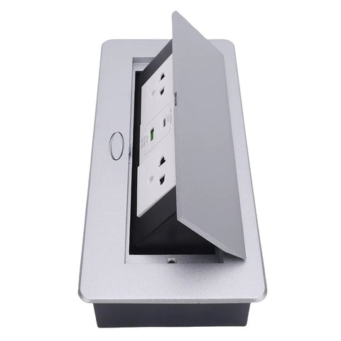 Recessed Pop Up Countertop Outlet With 20W Fast Charging Dual AC Outlets And USB A USB C Ports, silver finish, open lid showcasing ports.