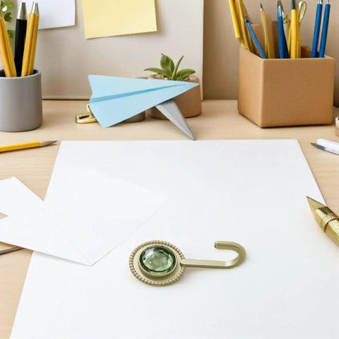 Pack Of 4 Self Adhesive Wall Hooks Featuring A Vintage Diamond Design on a desk among paper and stationery.