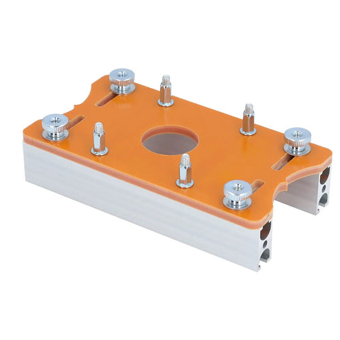 Heavy Duty Top Tier Aluminum Alloy Router Table Insert Plate Featuring Precision 65mm Slotted Groove For Badass Woodworking Builds And Sweet Routing Performances top view with orange surface and aluminum body.