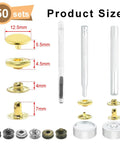 All In One Snaps Button Kit For Leather And Fabric, Metal Snap Fasteners With Four Install Tools, 50 Sets Of 12mm Mixed Studs
